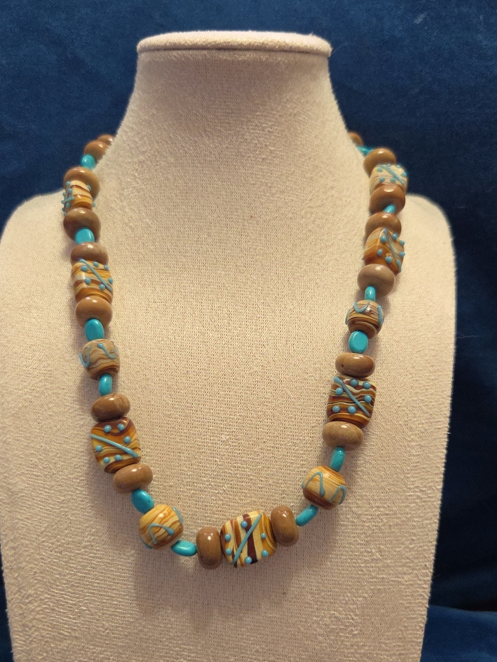 Artisan Turquoise, Brown And Beige Swirl Glass Bead Necklace